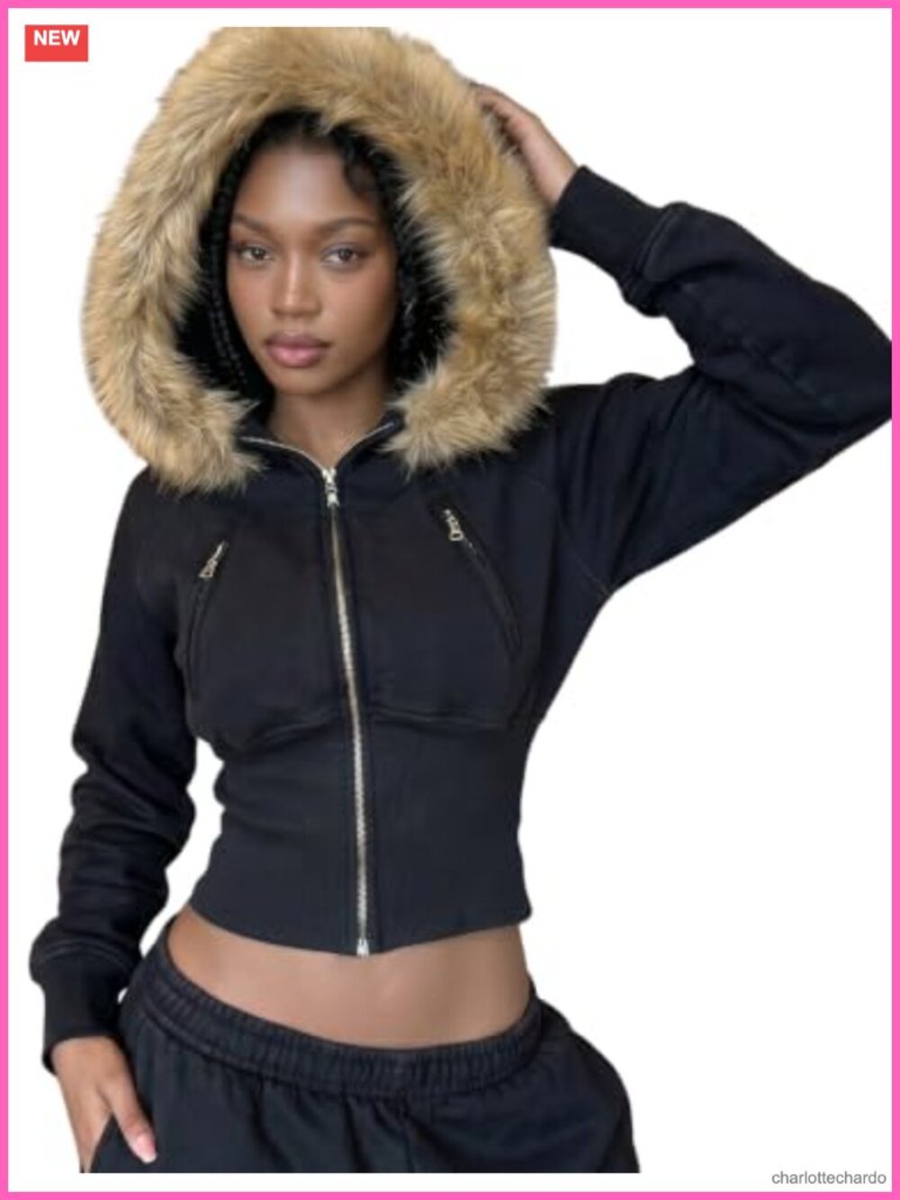 Cropped Zip Up Hoodie Faux Fur Hood Y2K Slim Fit Womens Vintage